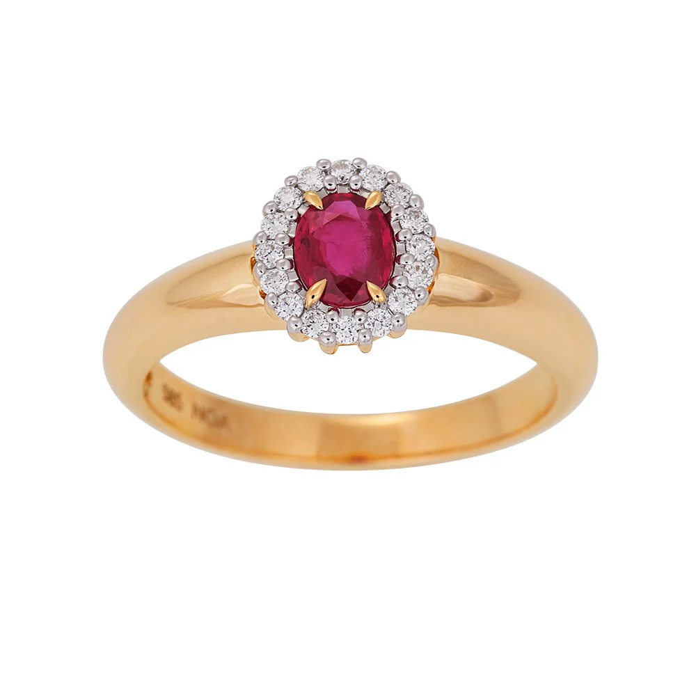 14 kt. guldring m/rubin og dia 0.11ct W/SI