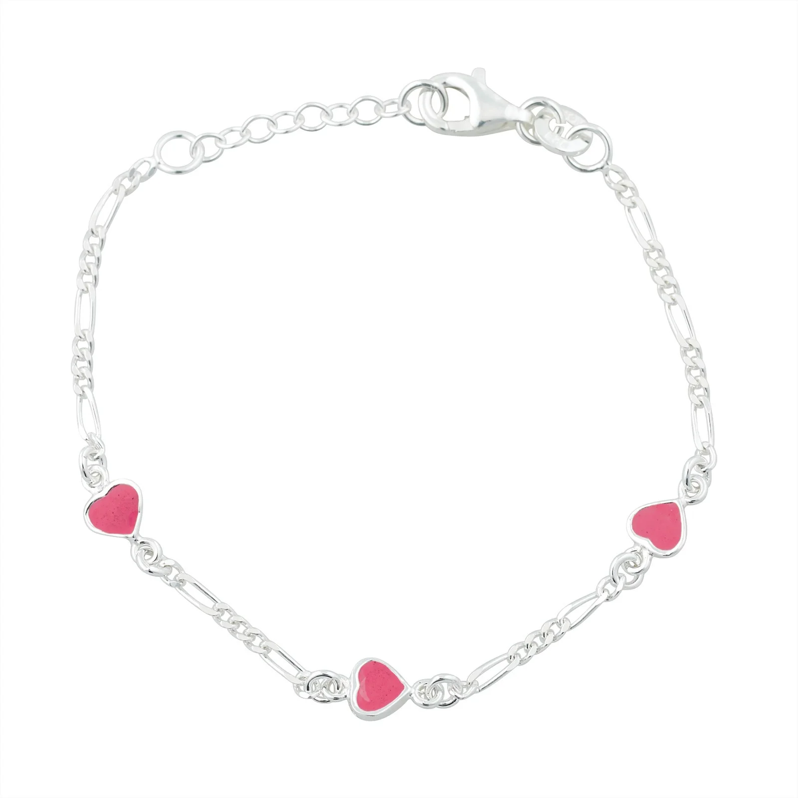 Rhod. sølvarmbånd m/3 hjerte m/pink emalje
