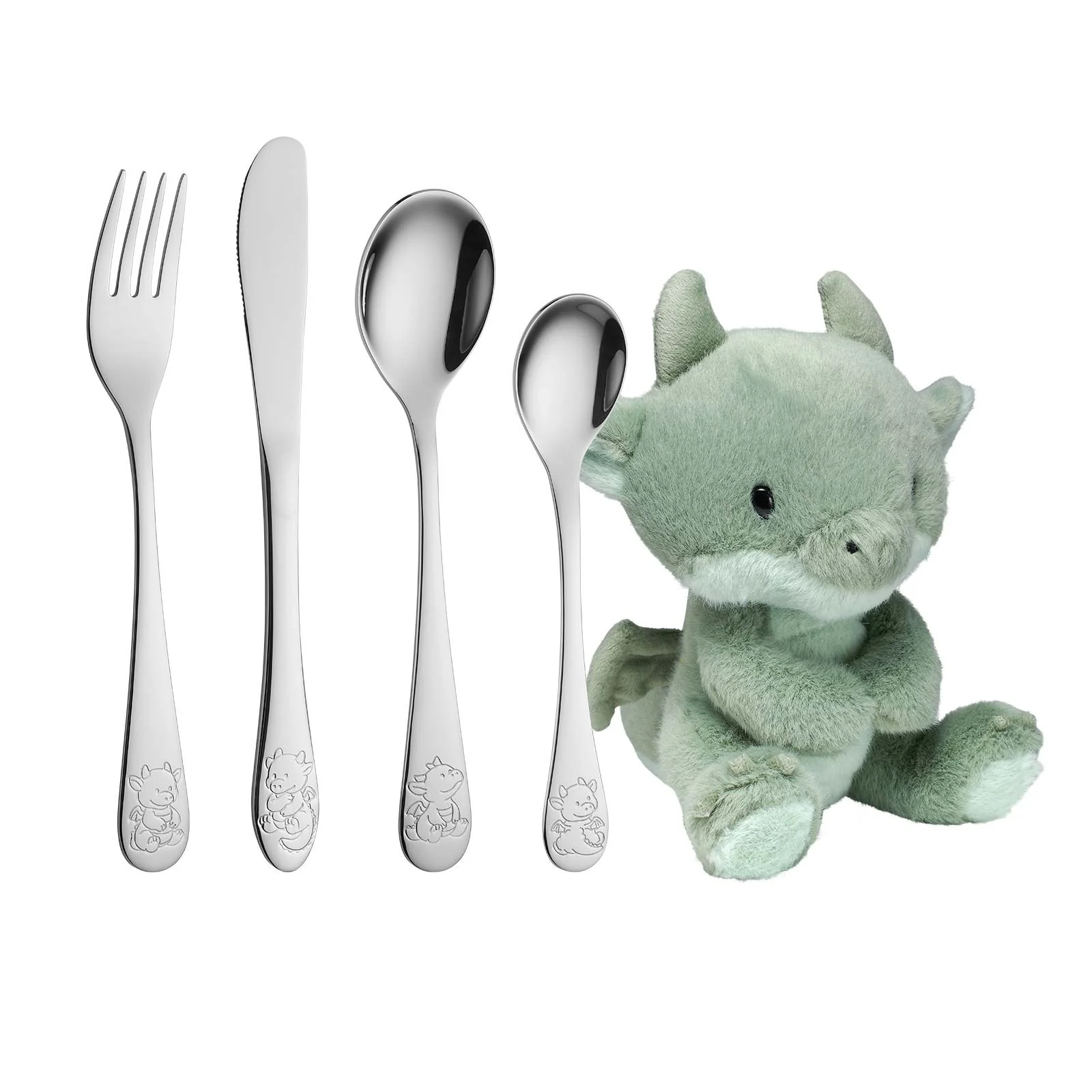 Rustfrit stål bestik m. drage inkl. bamse
