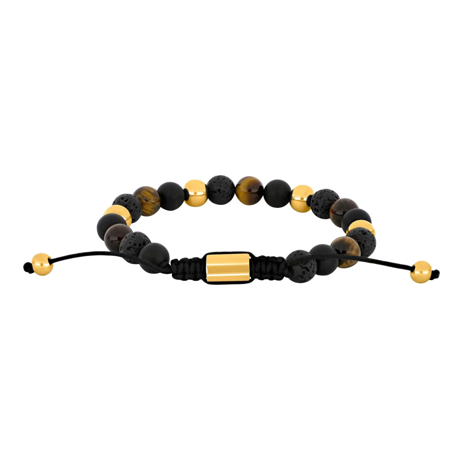 SON armbånd sort agate/lava/tigerøje og IP gold 8mm