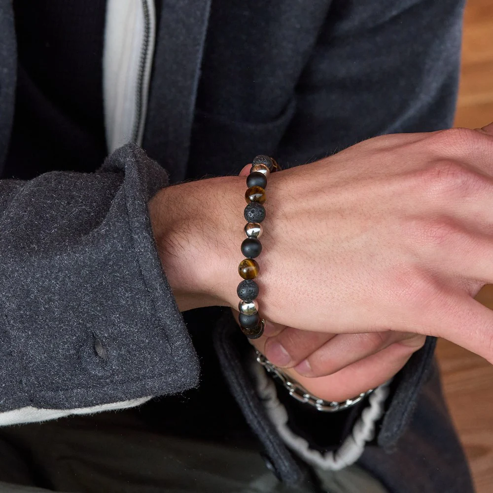 SON armbånd sort agate/lava/tigerøje og stål 8mm - Image 3