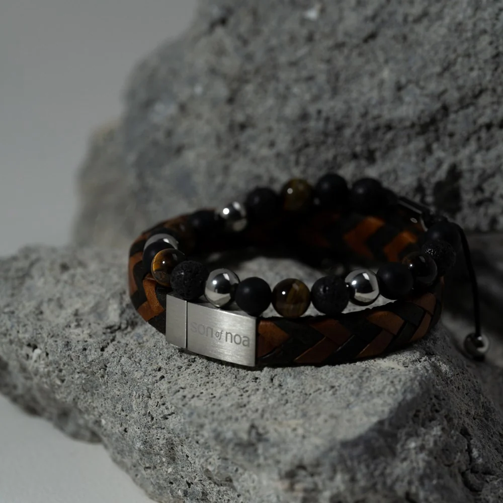 SON armbånd sort agate/lava/tigerøje og stål 8mm - Image 5